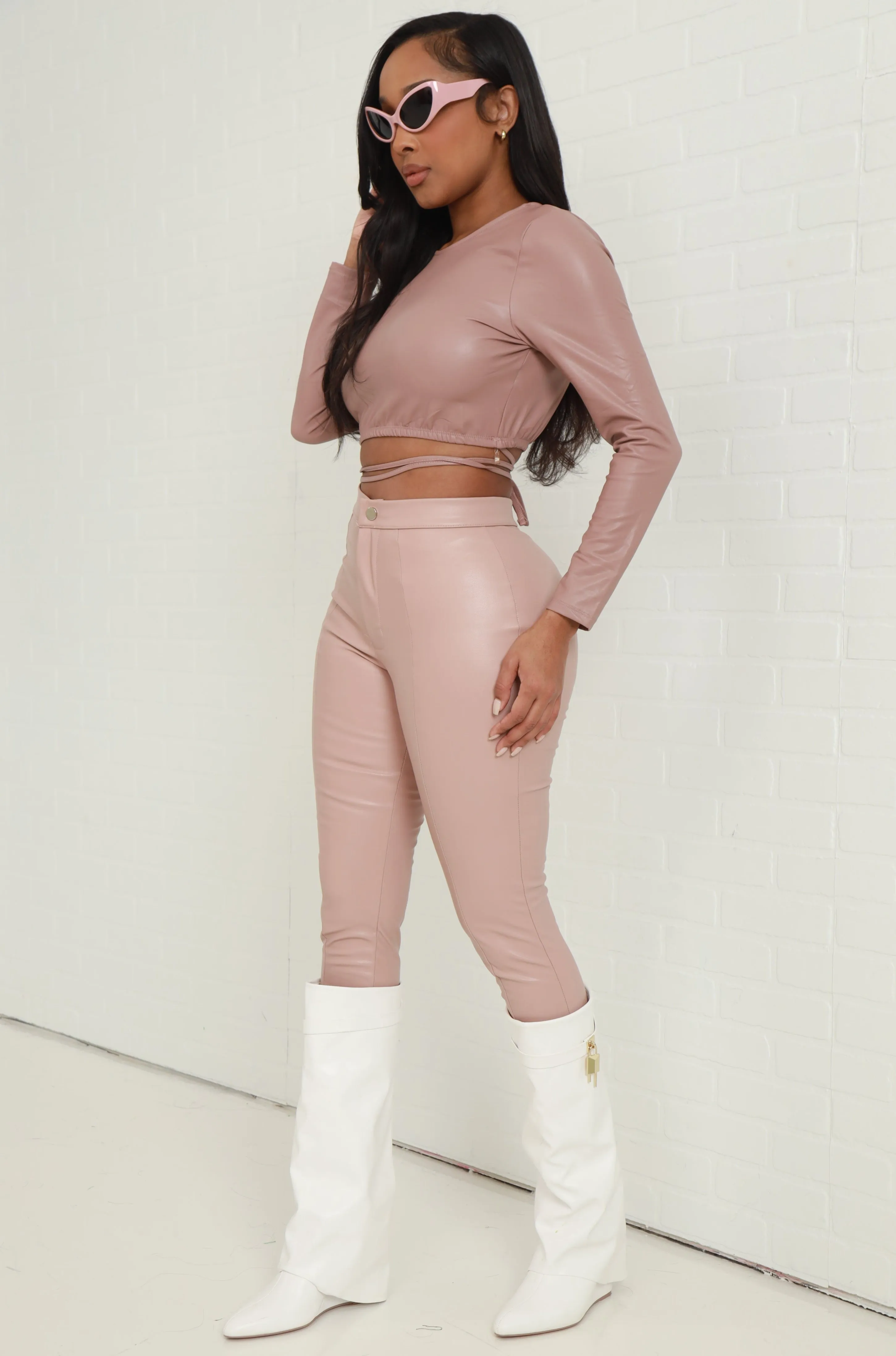 Dial Tone Faux Leather Tie Up Crop Top - Dark Blush sold by Swankaposh