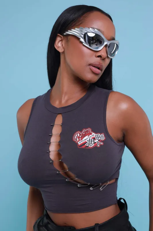 Speed Racer Embellished Graphic Crop Top - Charcoal Grey sold by Swankaposh
