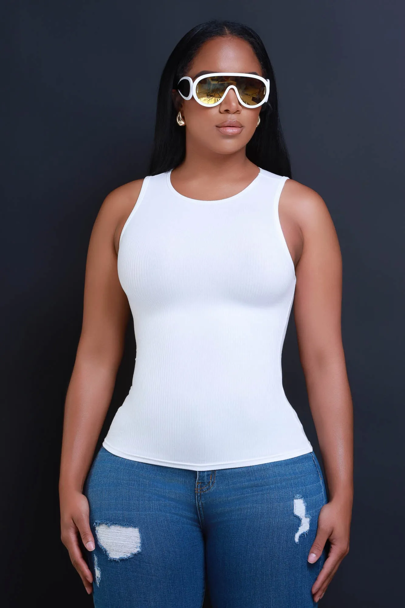 Top Of The Line Cellulite Deleter Sleeveless Ribbed Top - White sold by Swankaposh
