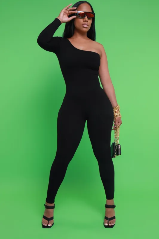 Overdrive Cellulite Deleter One Shoulder Jumpsuit - Black sold by Swankaposh
