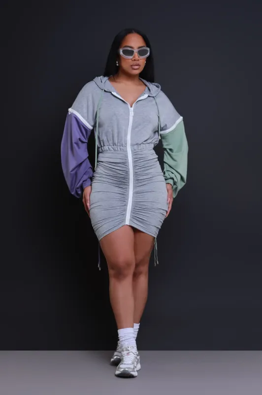 Friendly Fire Detachable Zip Mini Dress - Grey/Purple sold by Swankaposh