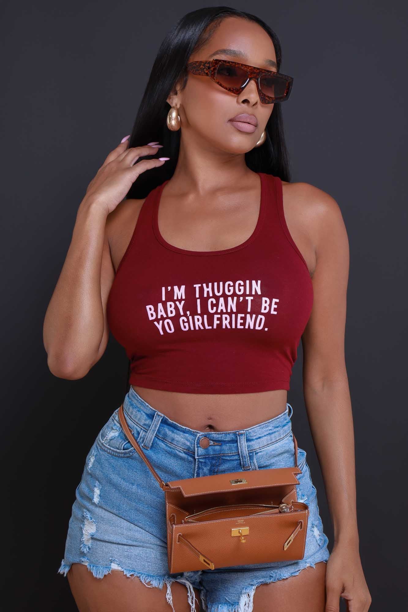 Thuggin Baby Graphic Print Crop Top - Burgundy/Pink sold by Swankaposh product image thumbnail 5