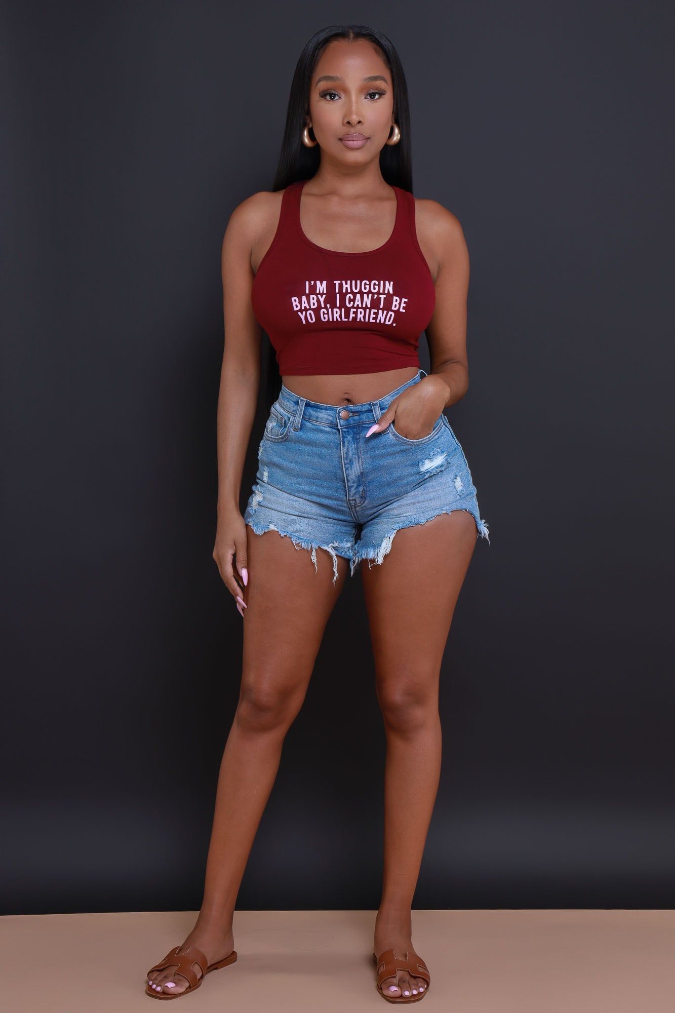 Thuggin Baby Graphic Print Crop Top - Burgundy/Pink sold by Swankaposh product image thumbnail 3