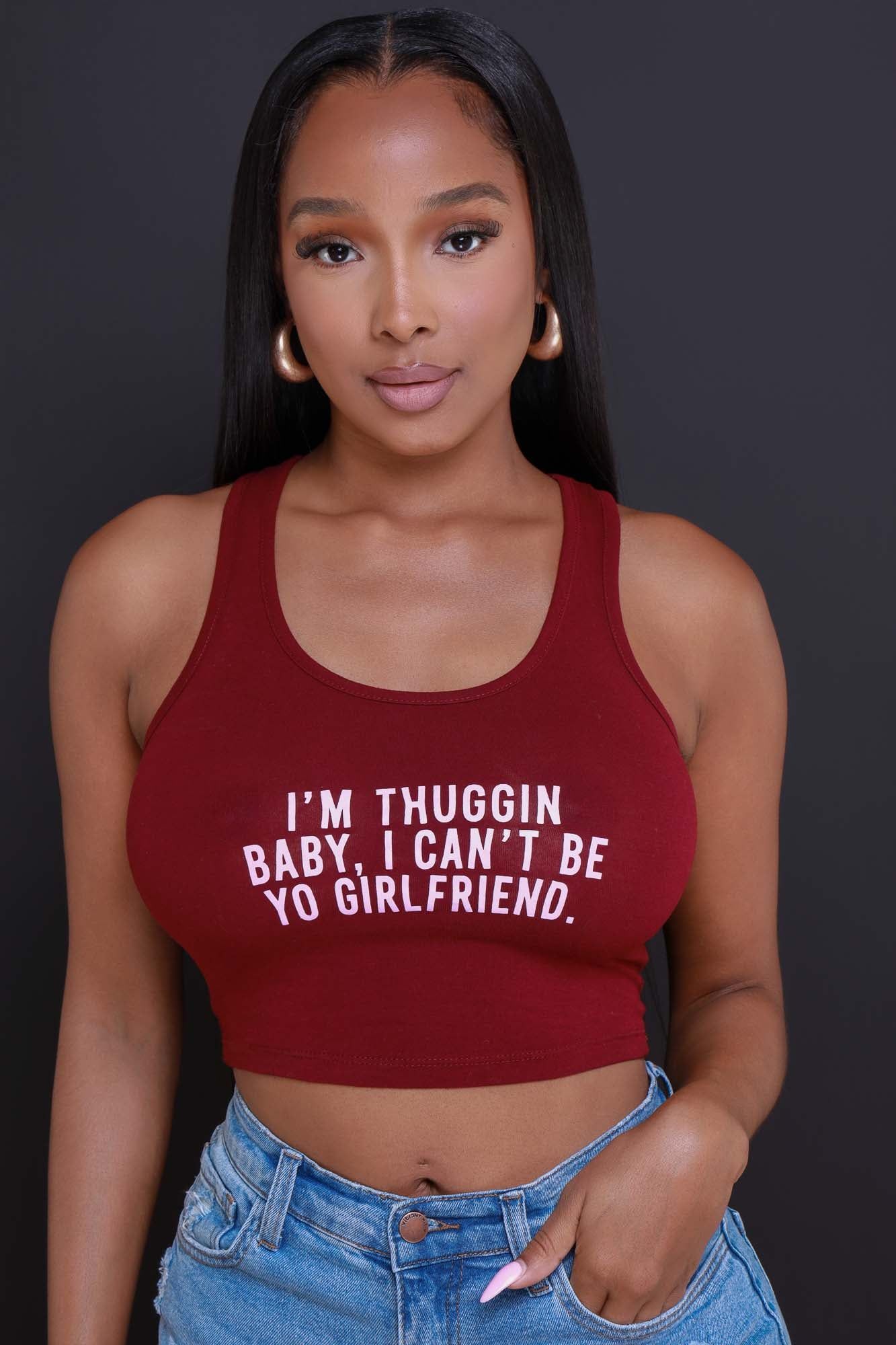Thuggin Baby Graphic Print Crop Top - Burgundy/Pink sold by Swankaposh