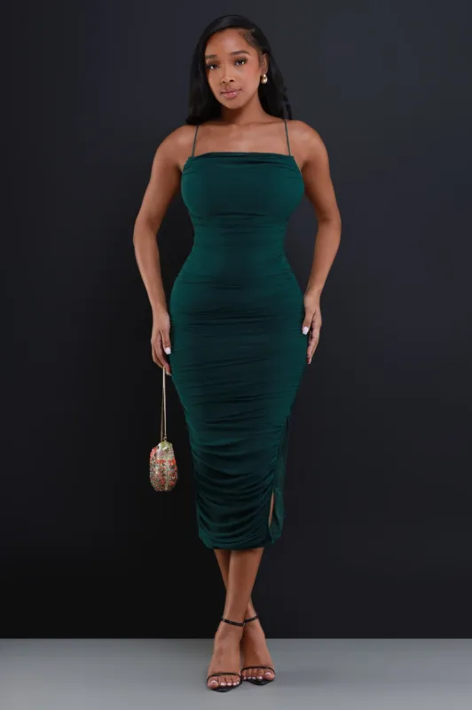 My Moment Ruched Midi Dress - Hunter Green sold by Swankaposh