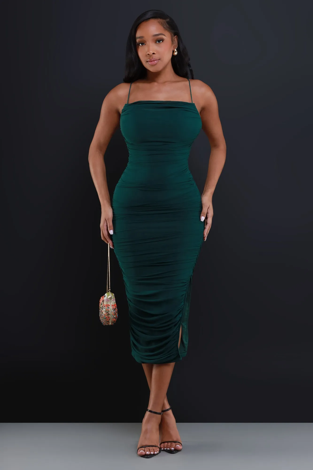 My Moment Ruched Midi Dress - Hunter Green sold by Swankaposh