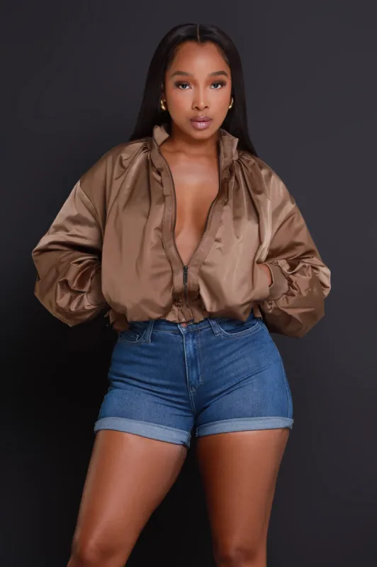 Stay Focused Satin Bomber Jacket - Brown sold by Swankaposh