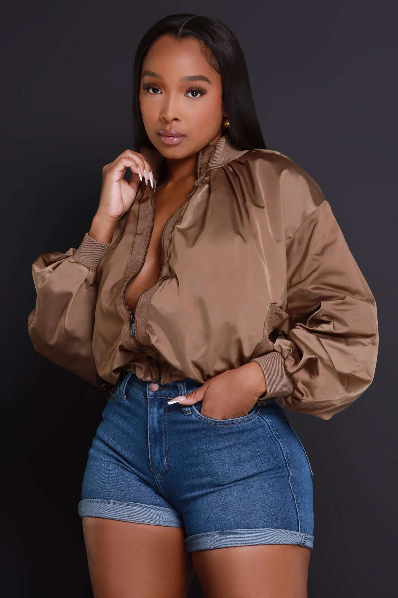 Stay Focused Satin Bomber Jacket - Brown sold by Swankaposh product image thumbnail 5
