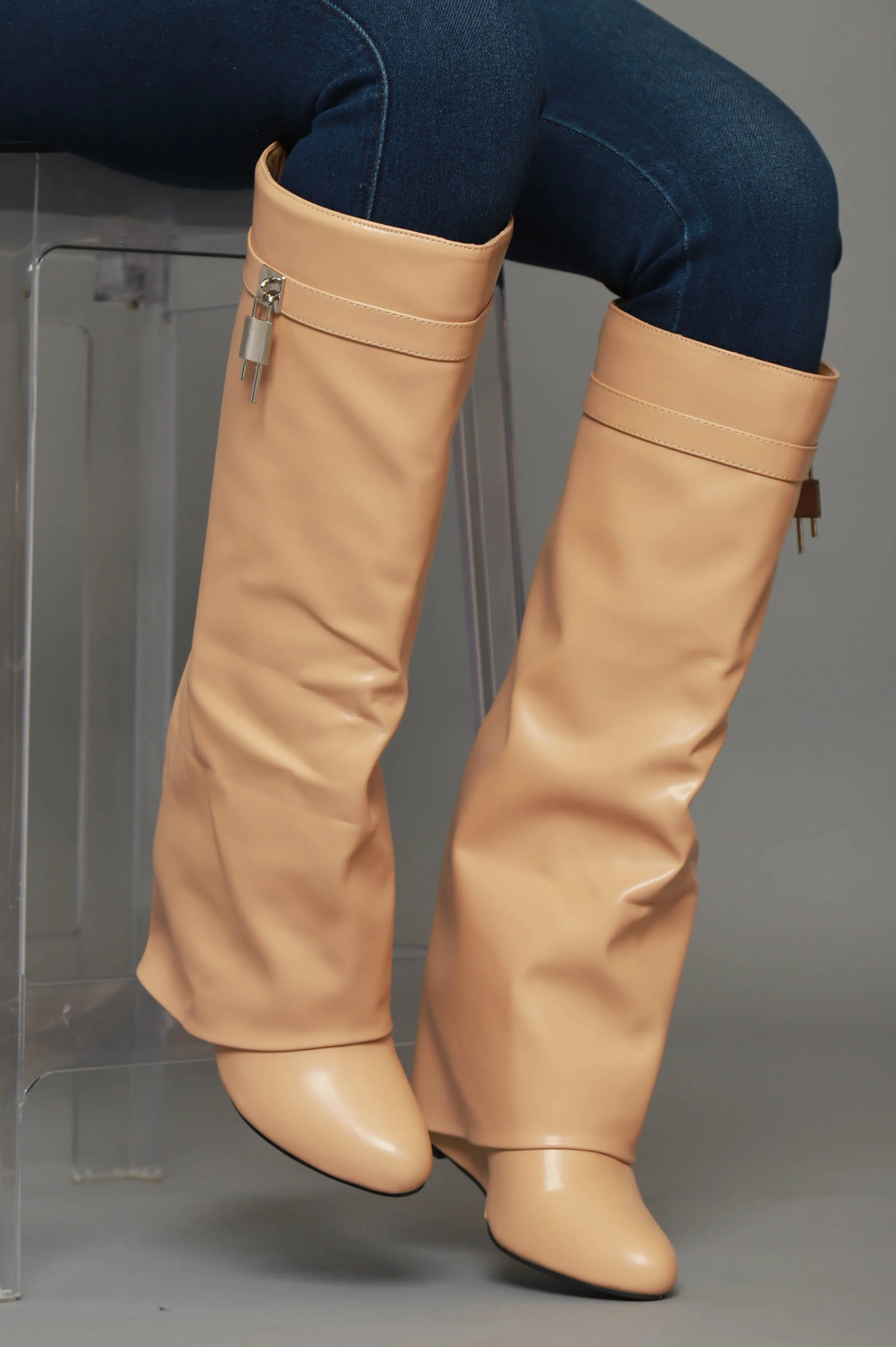 Lock & Key Faux Leather Knee High Boot - Nude sold by Swankaposh