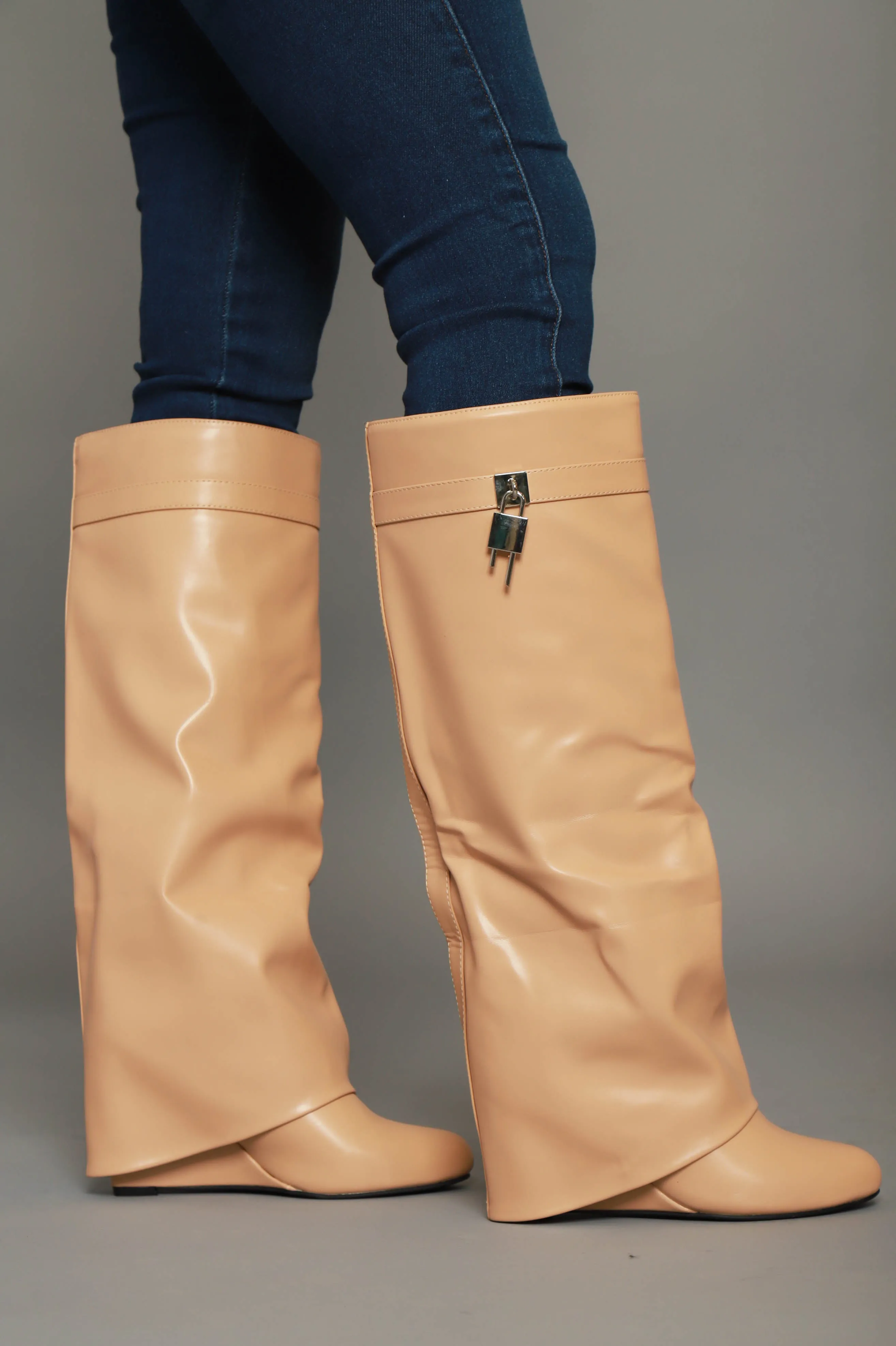 Lock & Key Faux Leather Knee High Boot - Nude sold by Swankaposh product image thumbnail 4