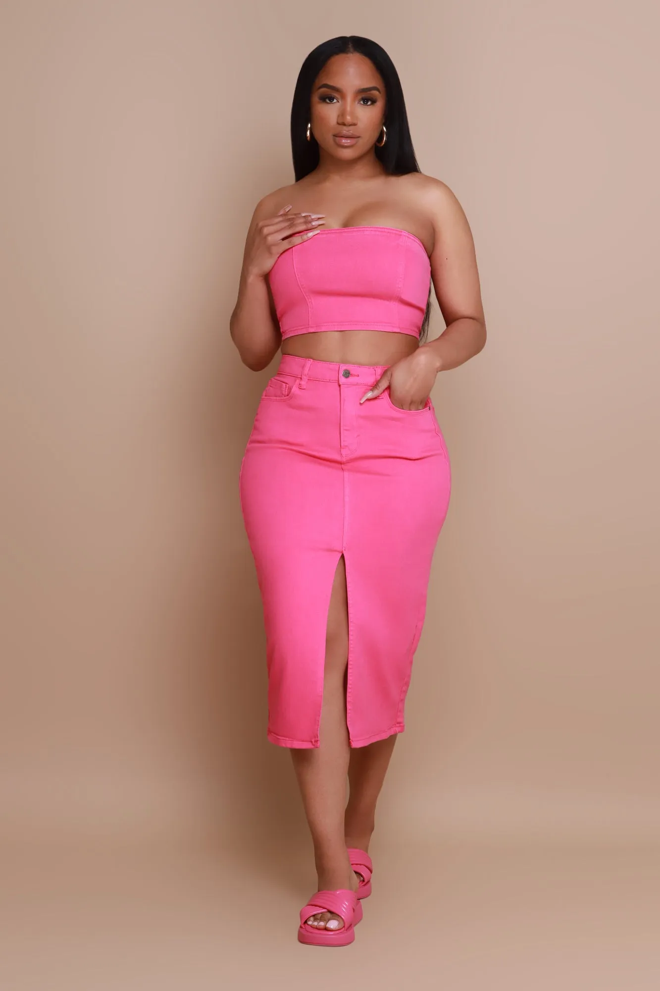 Candy Shop Denim Midi Skirt - Fuchsia sold by Swankaposh product image thumbnail 4