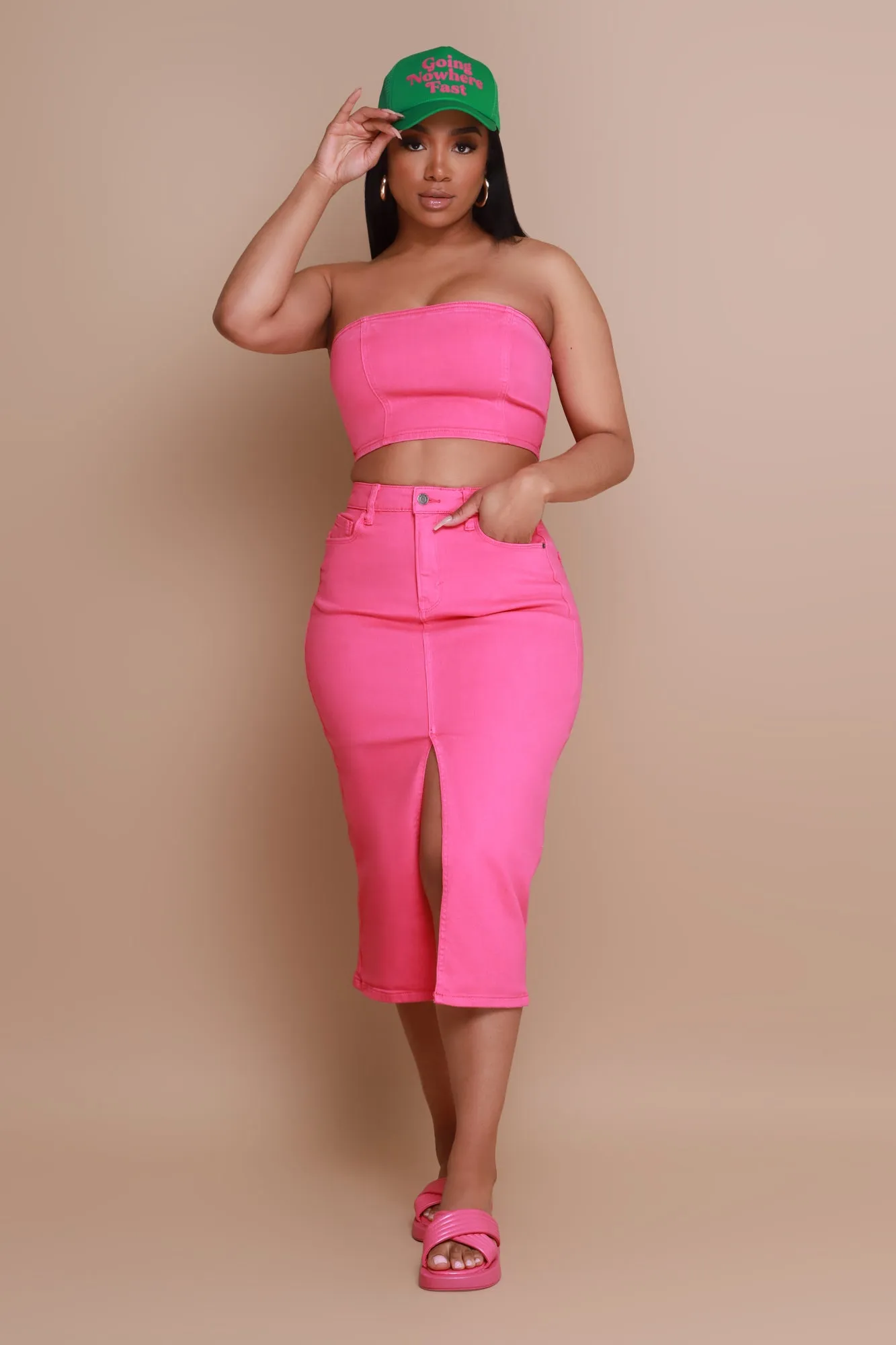 Candy Shop Denim Midi Skirt - Fuchsia sold by Swankaposh