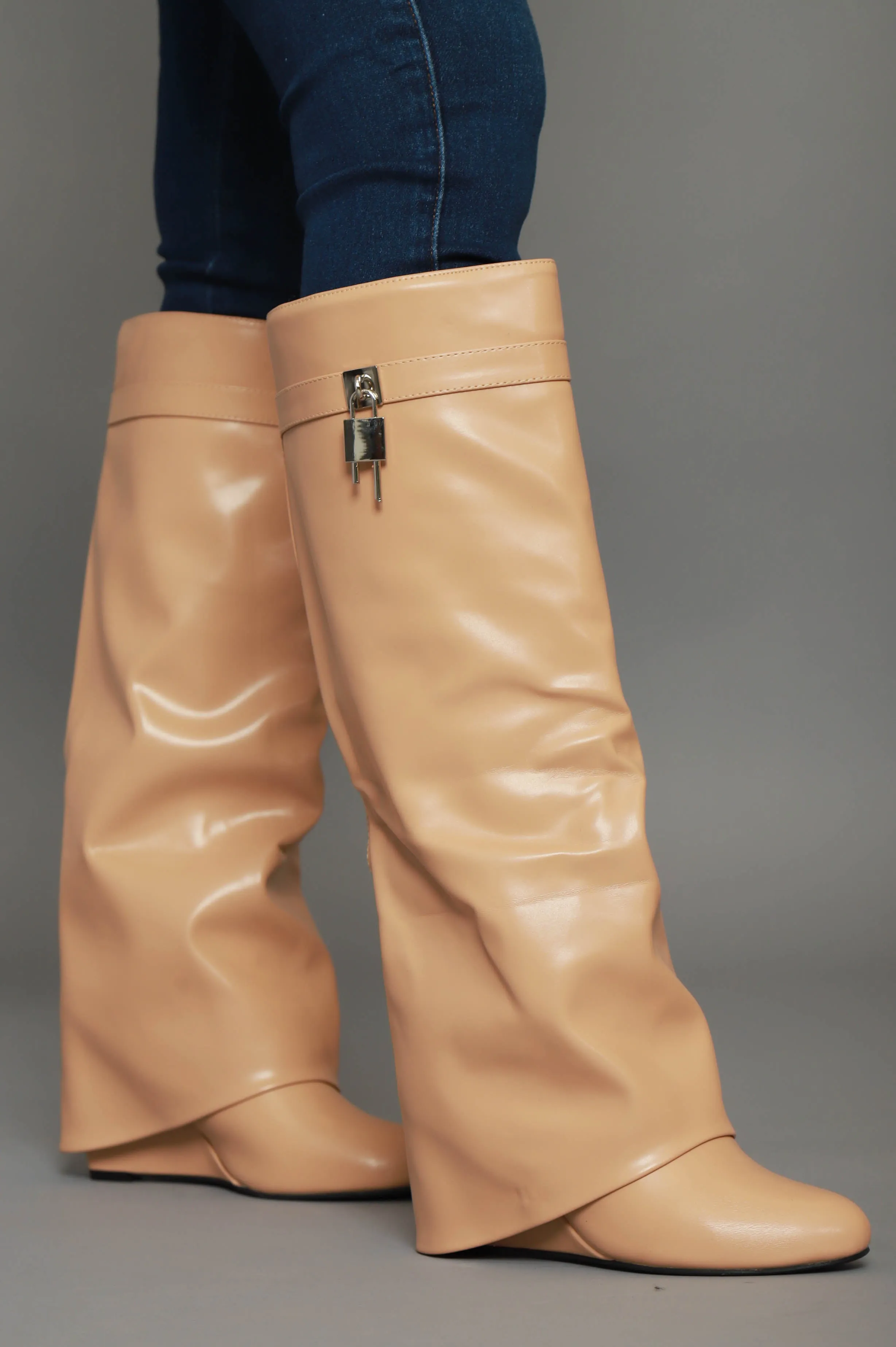 Lock & Key Faux Leather Knee High Boot - Nude sold by Swankaposh product image thumbnail 5