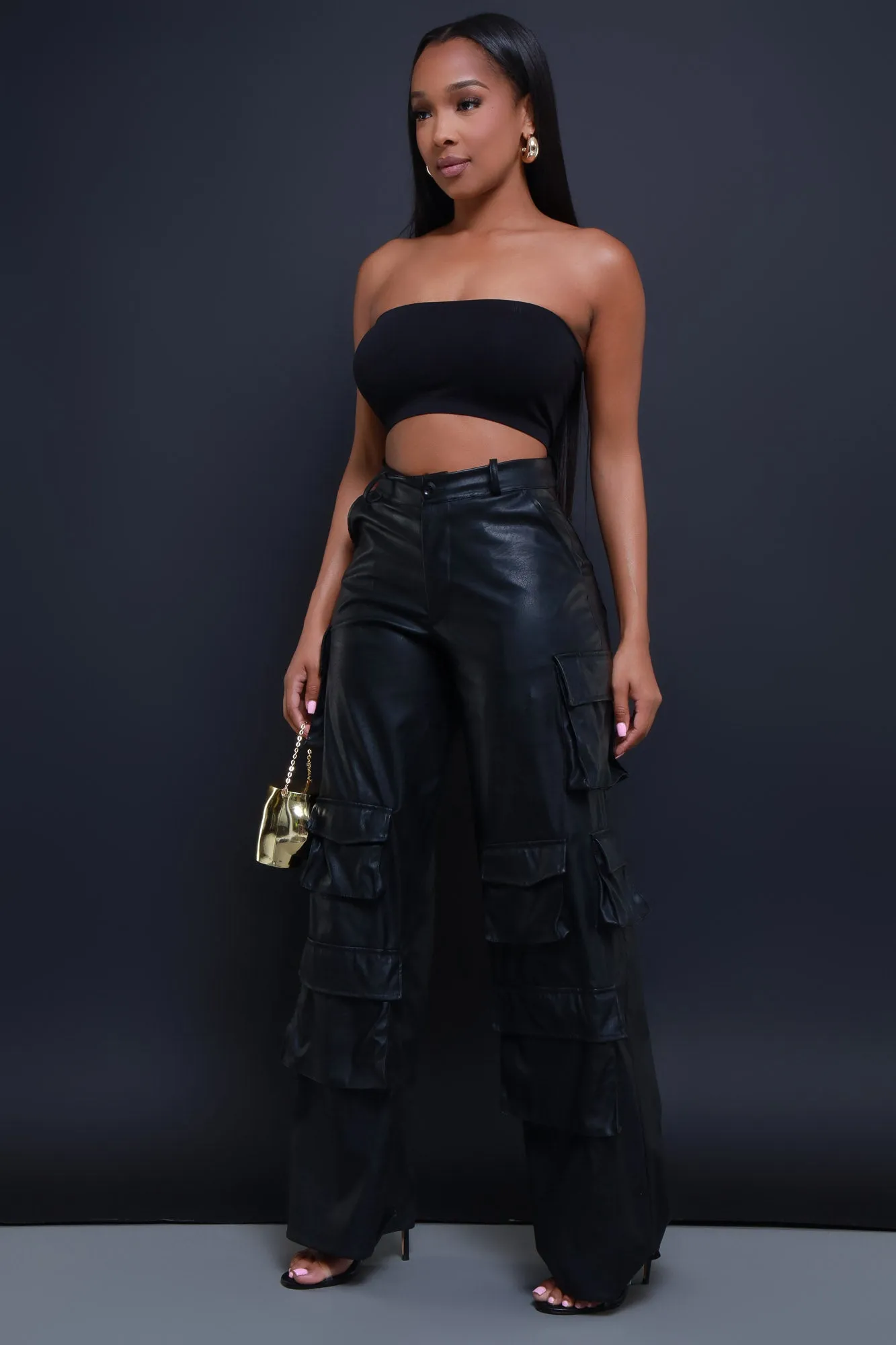 Baggy Multi Pocket Long Cargo Pants - Black Faux Leather sold by Swankaposh product image thumbnail 5