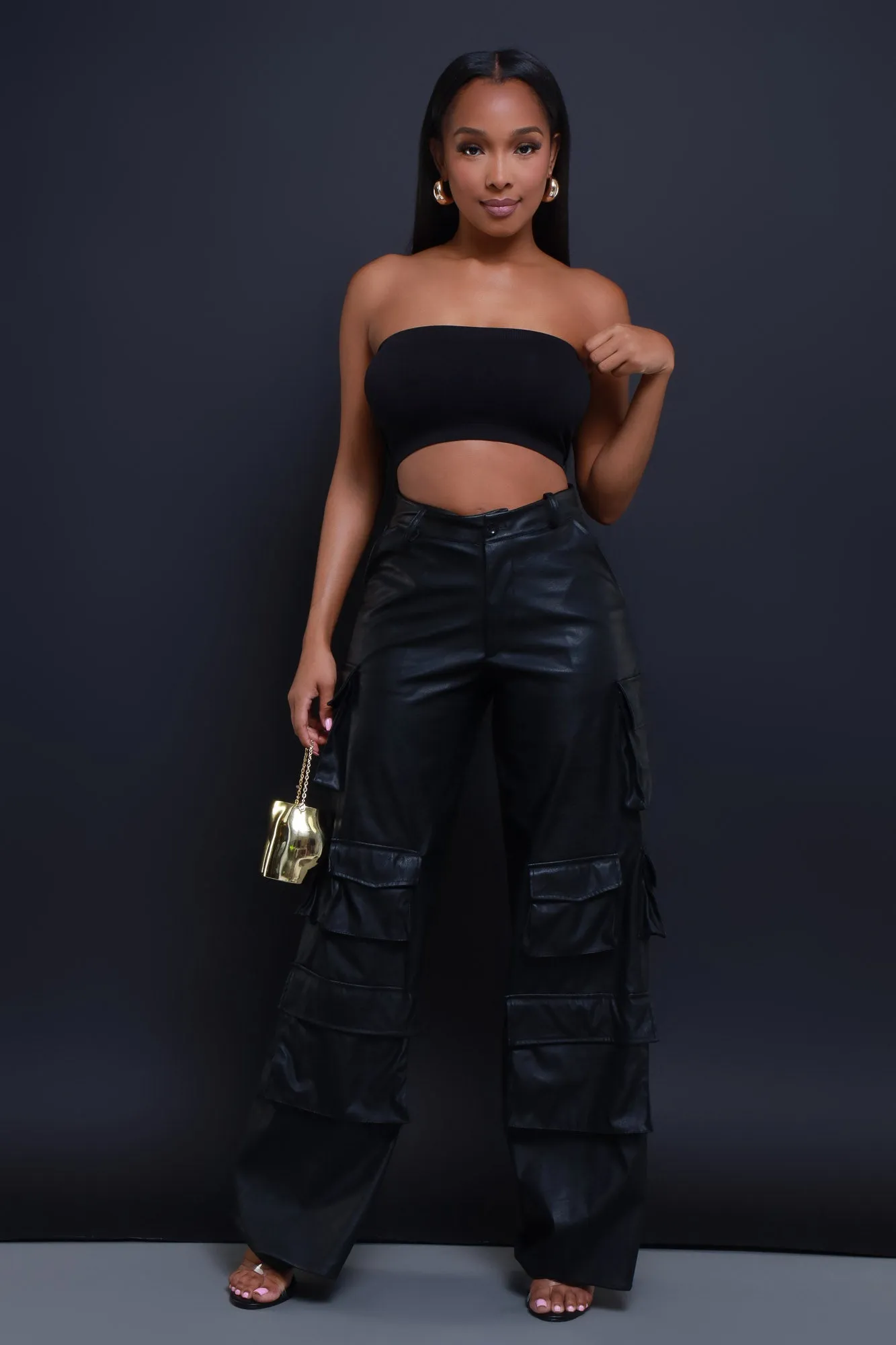 Baggy Multi Pocket Long Cargo Pants - Black Faux Leather sold by Swankaposh product image thumbnail 2