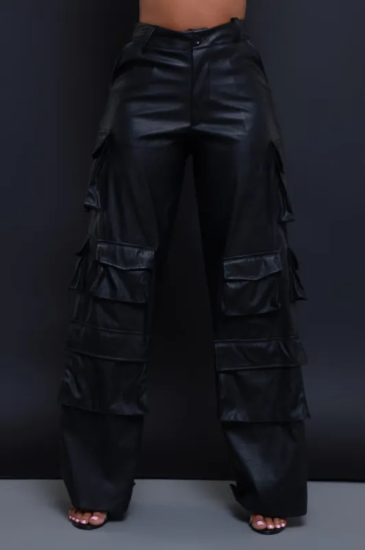 Baggy Multi Pocket Long Cargo Pants - Black Faux Leather sold by Swankaposh