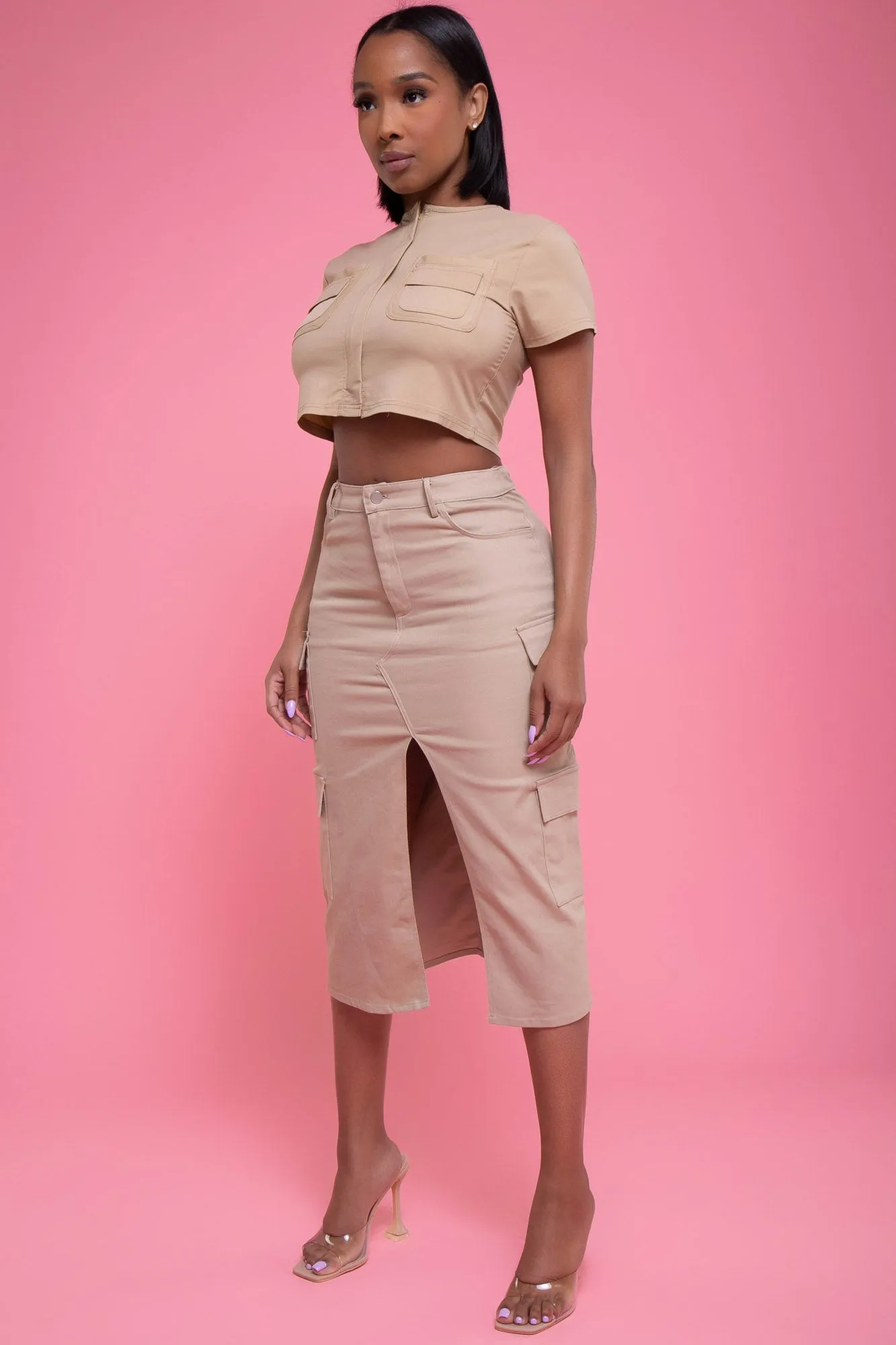 Off My Back Short Sleeve Crop Top - Khaki sold by Swankaposh product image thumbnail 3