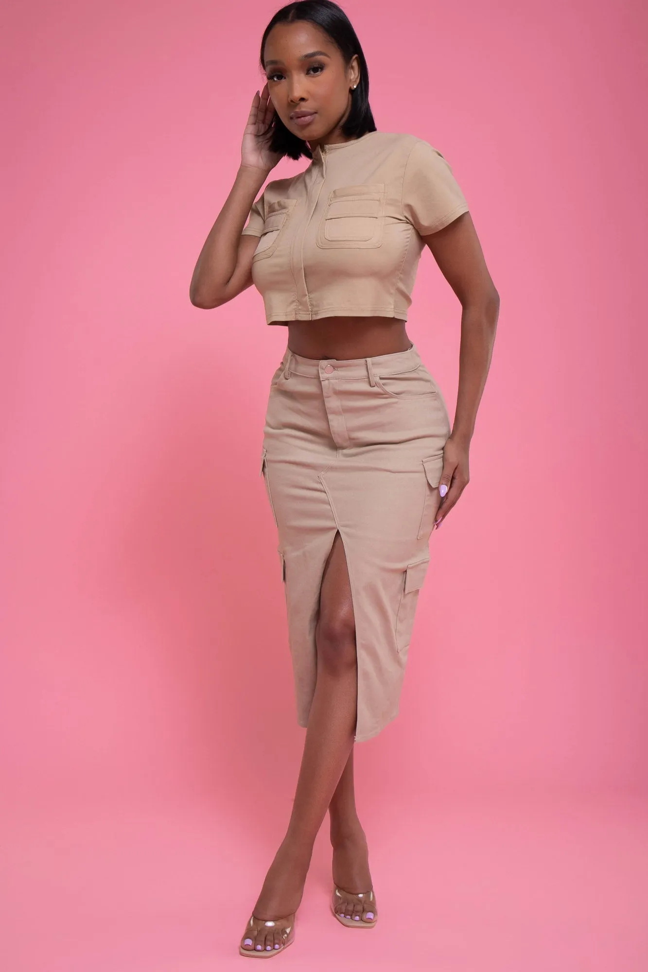 Off My Back Short Sleeve Crop Top - Khaki sold by Swankaposh
