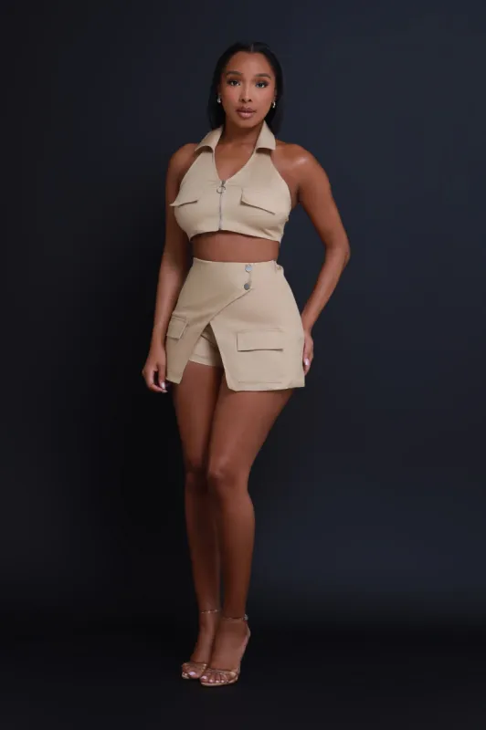 Stay Wild Cargo Cropped Skort Set - Taupe sold by Swankaposh