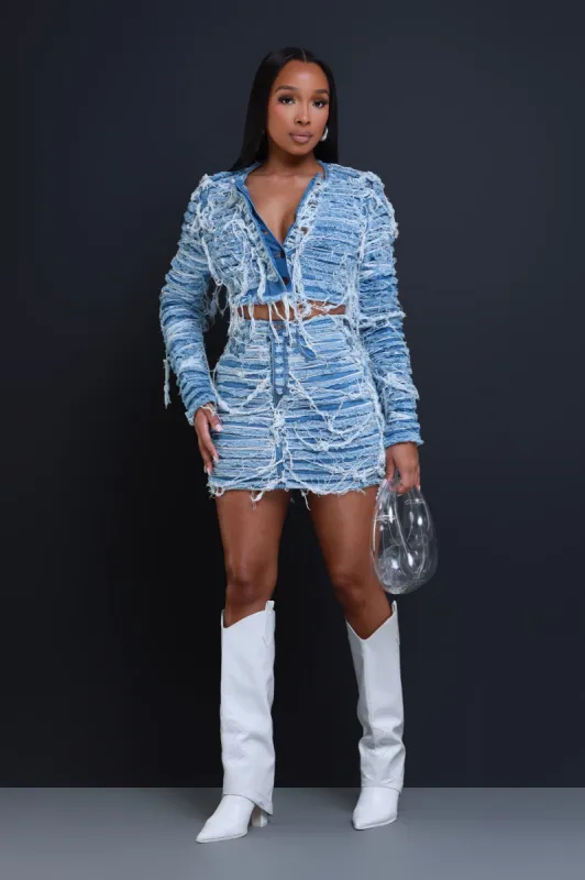 Tear It Up Distressed Denim Mini Skirt - Medium Wash sold by Swankaposh