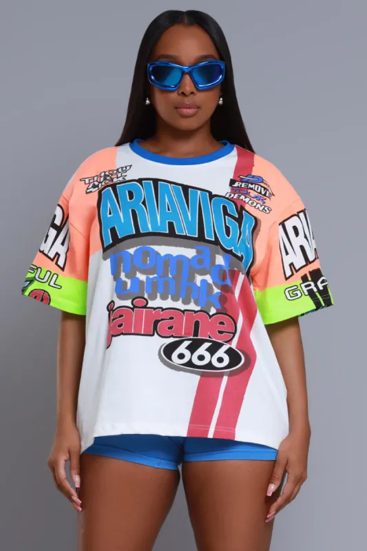 Race To It Oversized Graphic Top - White Short Sleeve sold by Swankaposh