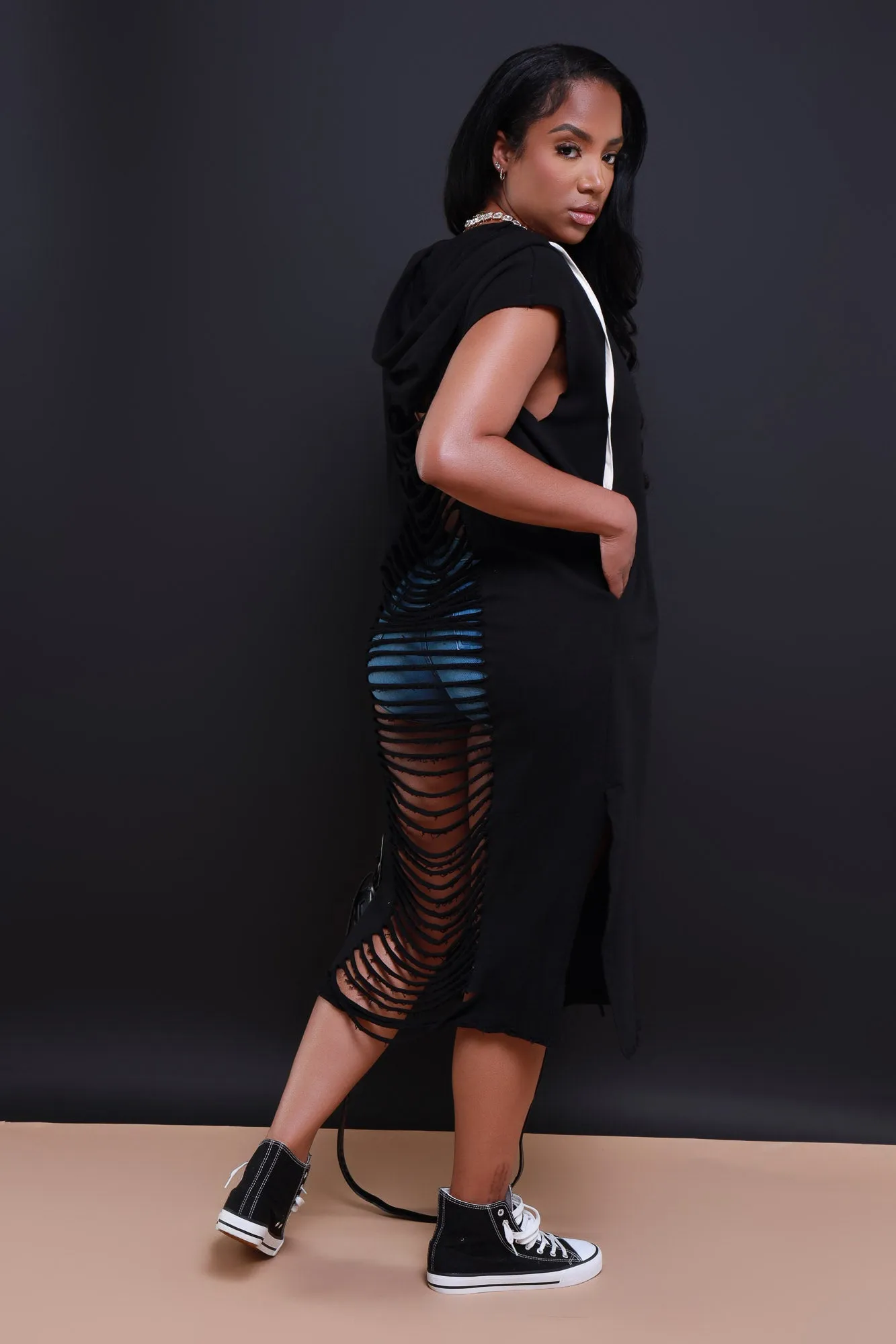 In This World Longline Cut Out Hoodie - Black sold by Swankaposh product image thumbnail 5