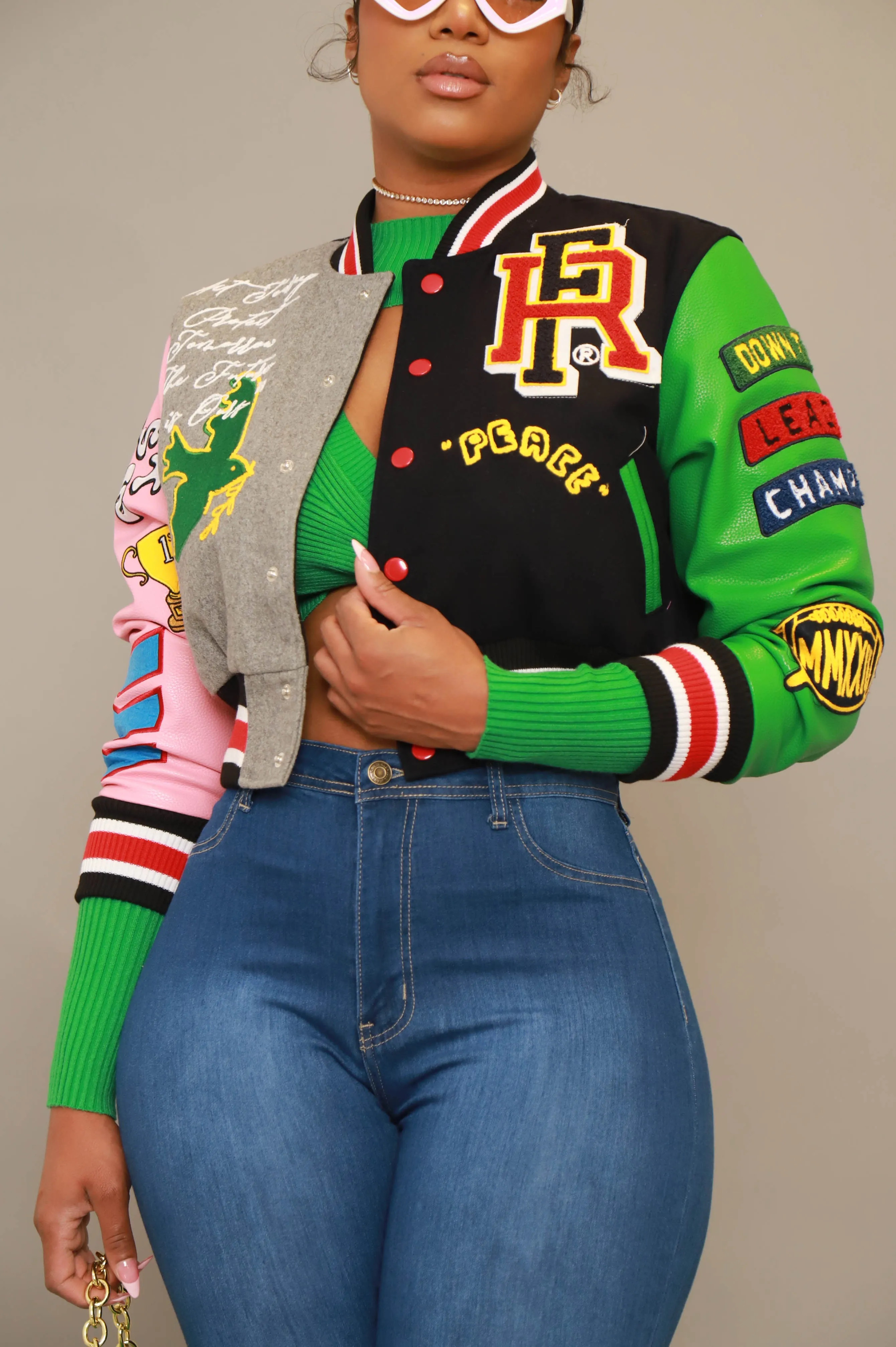 Honor Roll Faux Leather Cropped Varsity Jacket - Multicolor sold by Swankaposh product image thumbnail 2