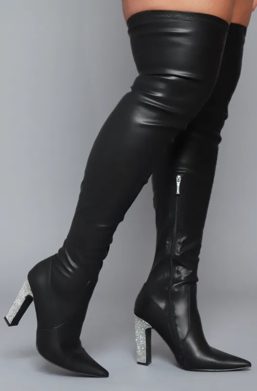 Power Trip Thigh High Rhinestone Heeled Boots - Black sold by Swankaposh