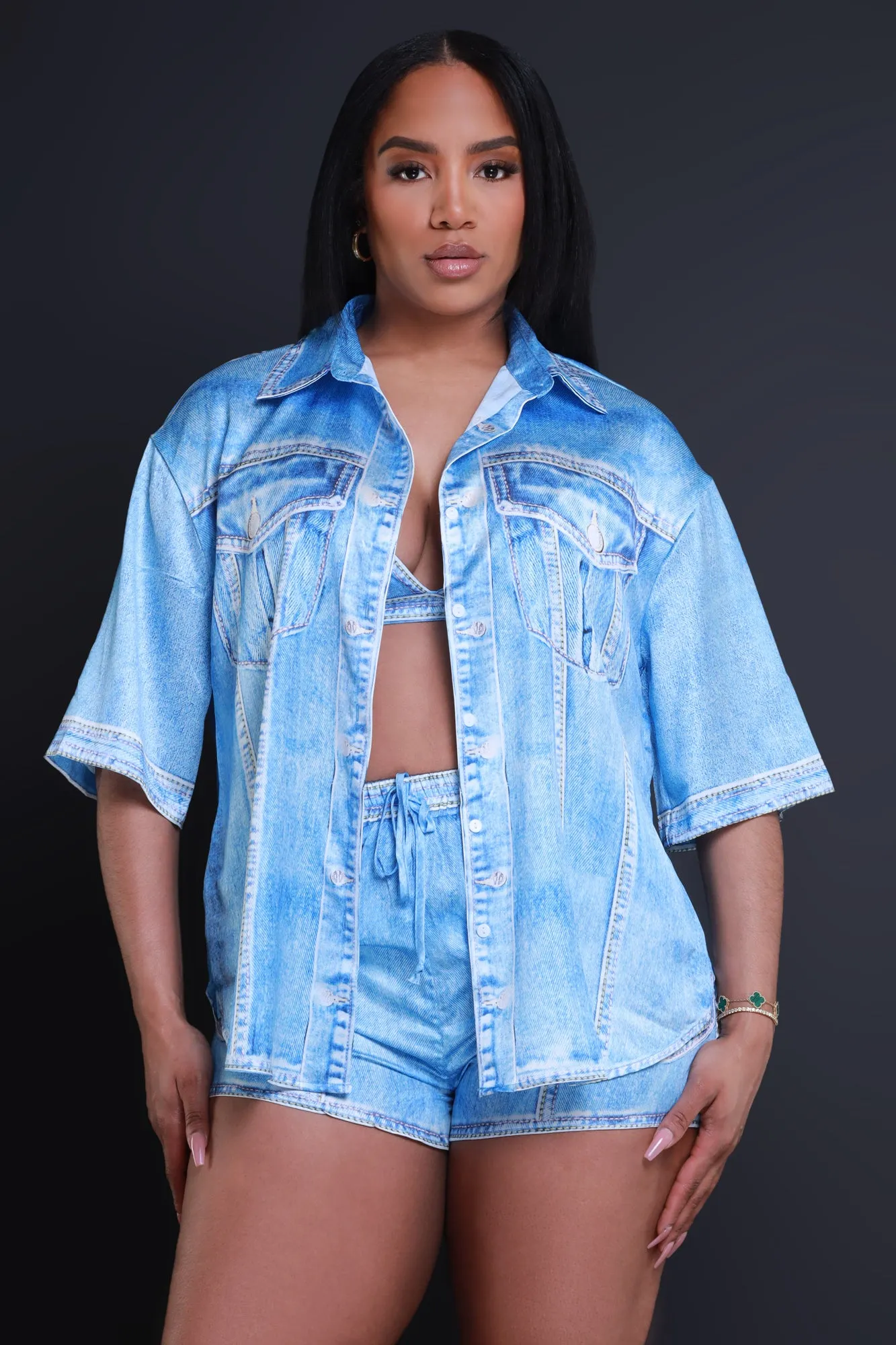 Ocean Side Oversized Denim Print Blouse - Blue sold by Swankaposh product image thumbnail 3