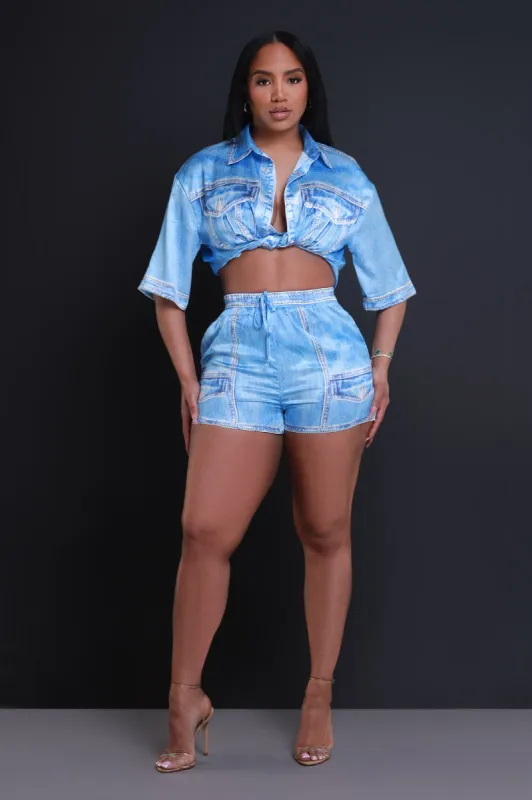Ocean Side Oversized Denim Print Blouse - Blue sold by Swankaposh