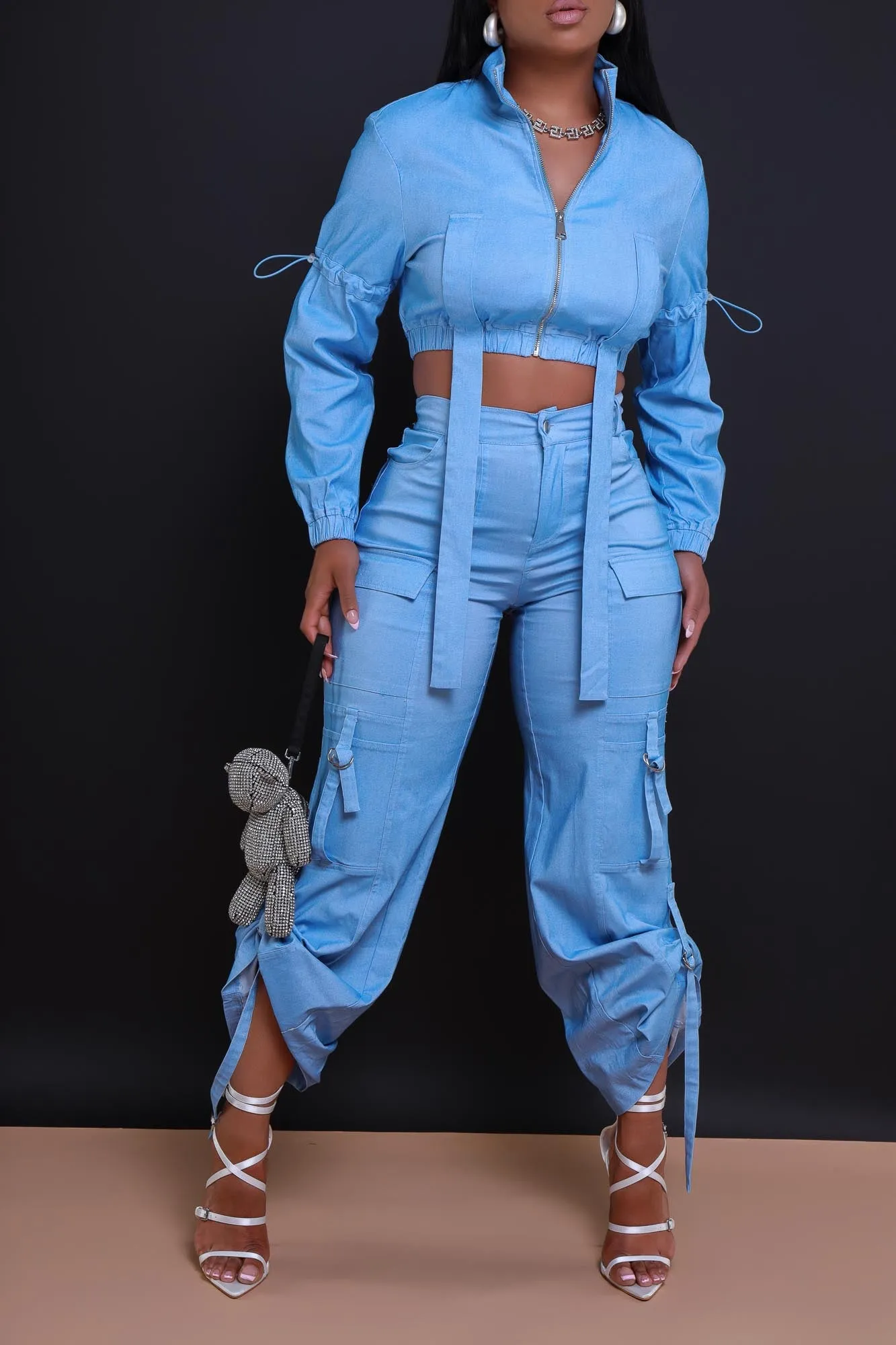 Fire Me Up Cropped Cargo Pants Set - Light Wash Denim sold by Swankaposh product image thumbnail 4