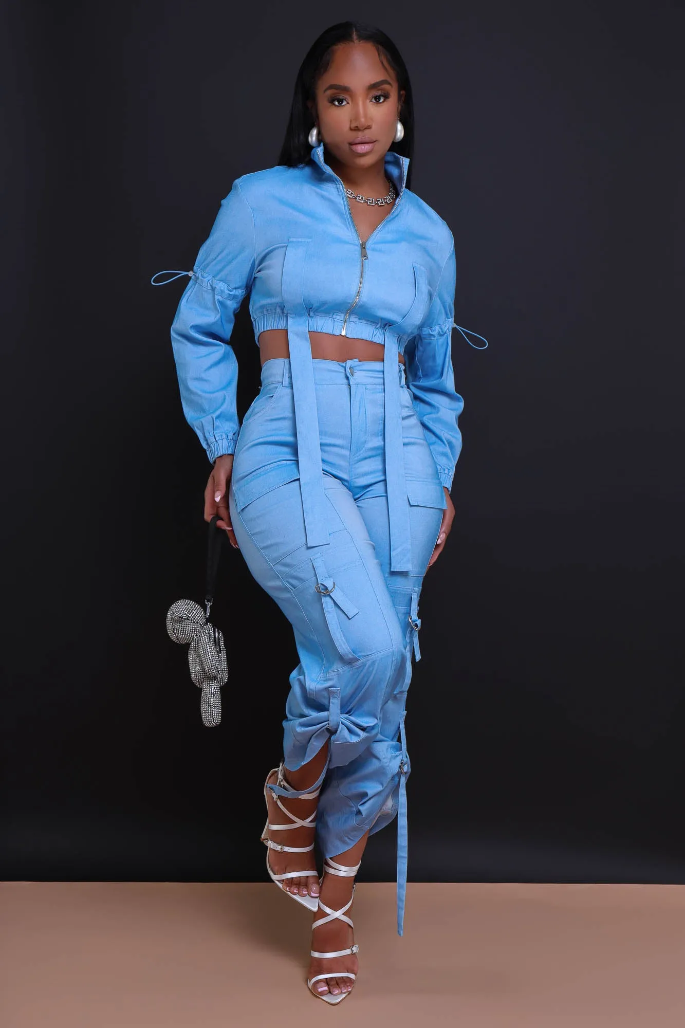 Fire Me Up Cropped Cargo Pants Set - Light Wash Denim sold by Swankaposh product image thumbnail 2