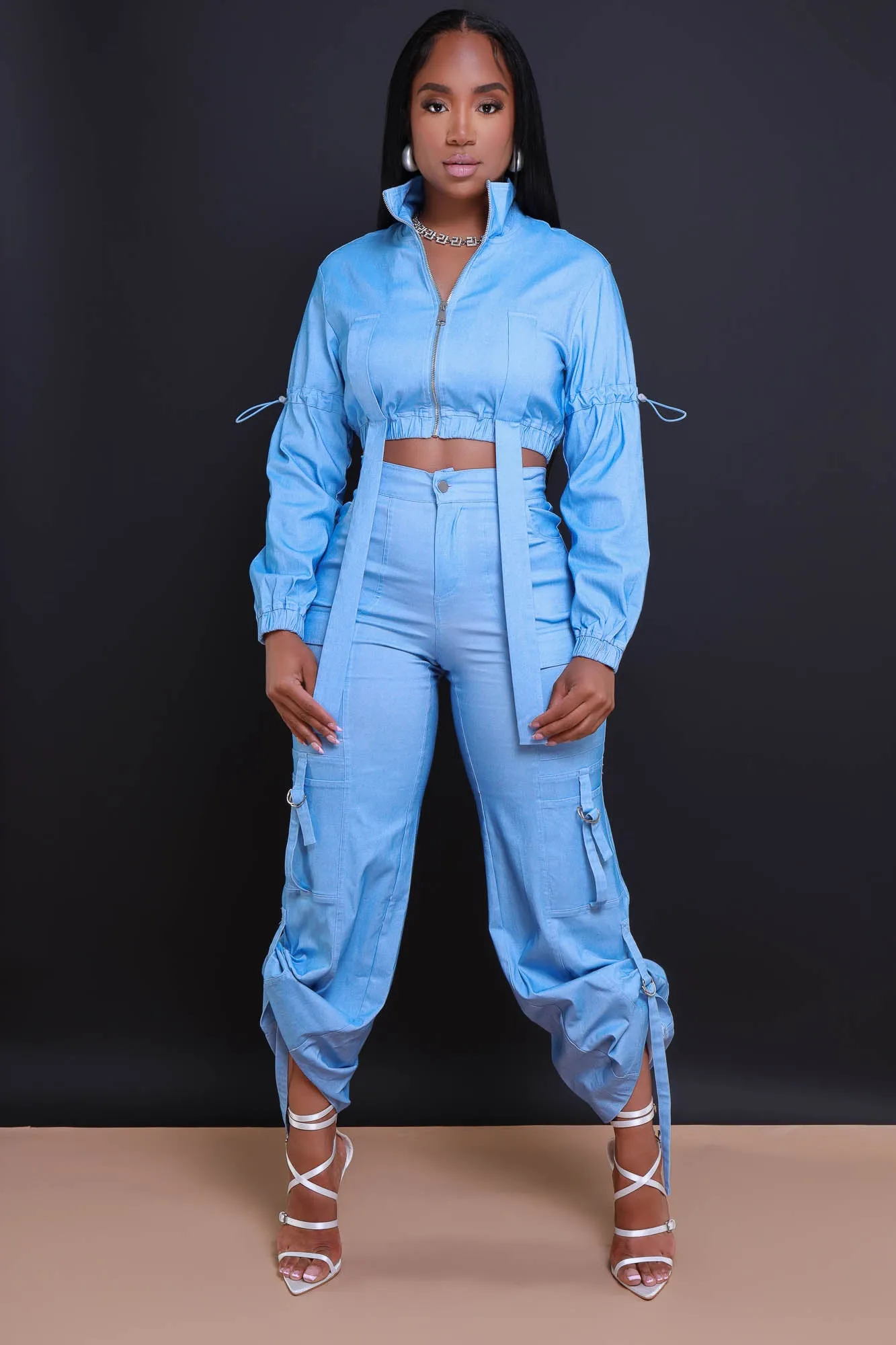Fire Me Up Cropped Cargo Pants Set - Light Wash Denim sold by Swankaposh