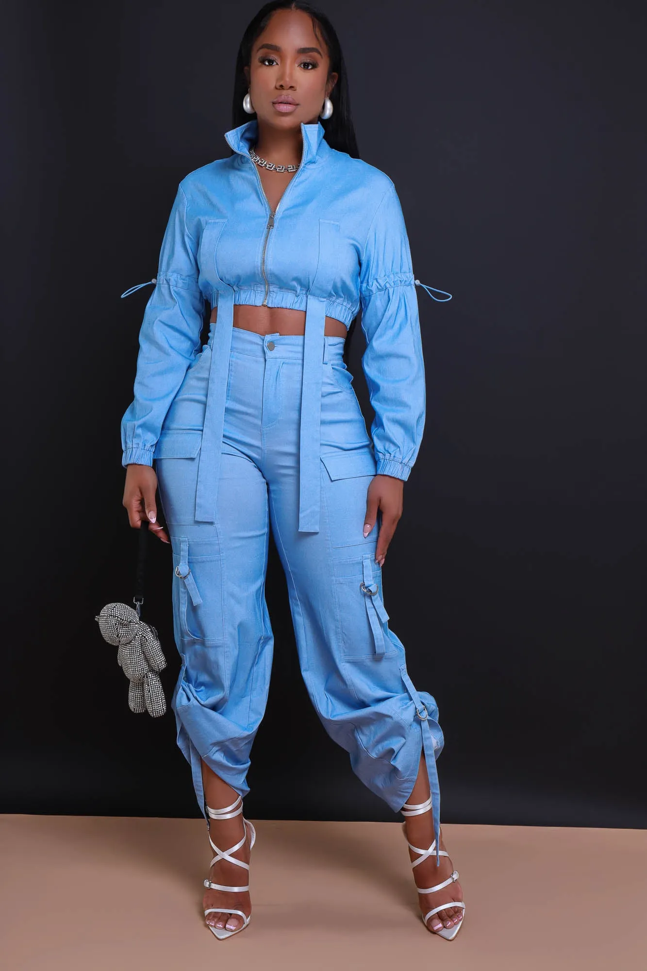 Fire Me Up Cropped Cargo Pants Set - Light Wash Denim sold by Swankaposh product image thumbnail 5