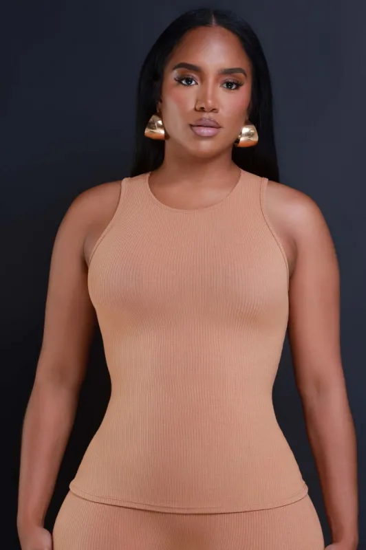 Top Of The Line Cellulite Deleter Sleeveless Ribbed Top - Toffee sold by Swankaposh