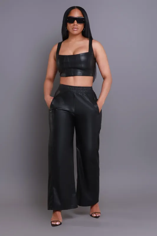 Black Matter Faux Leather Wide Leg Pants - Black sold by Swankaposh