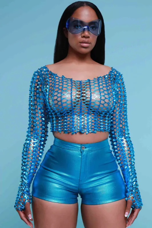 Watch Out Metallic Cut Out Crop Top - Blue sold by Swankaposh