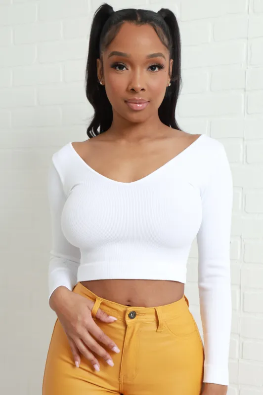 Vibe Check Ribbed V-Neck Crop Top - White sold by Swankaposh