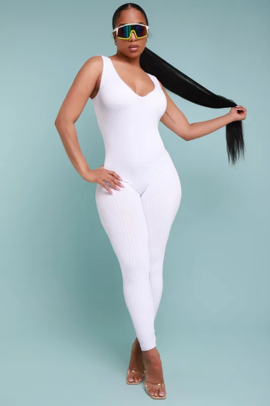 Iconic Sleeveless V-Neck Seamless Ribbed Jumpsuit - White sold by Swankaposh