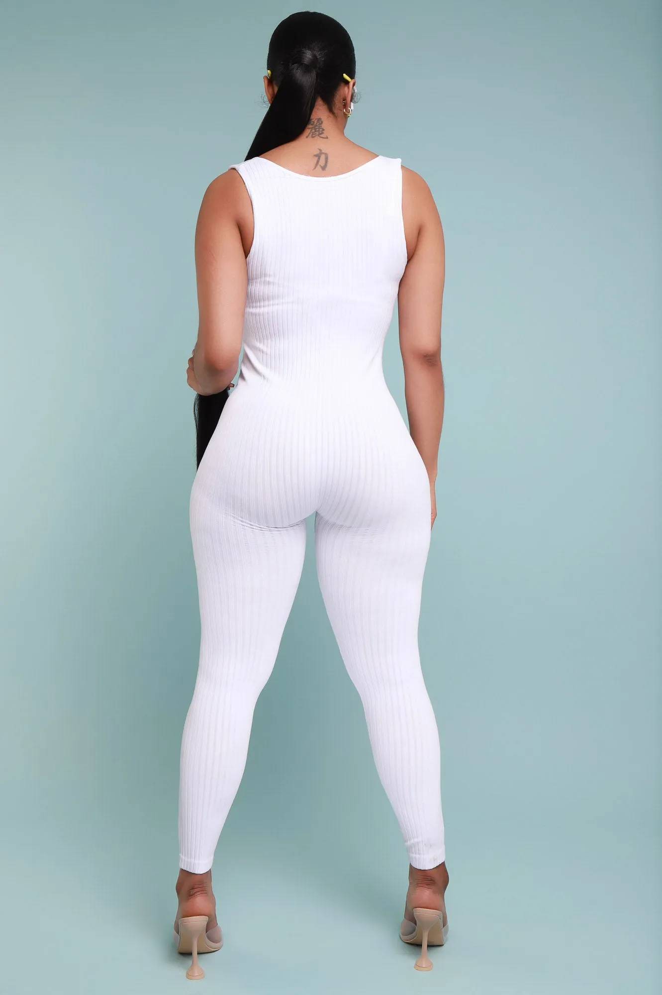 Iconic Sleeveless V-Neck Seamless Ribbed Jumpsuit - White sold by Swankaposh product image thumbnail 2