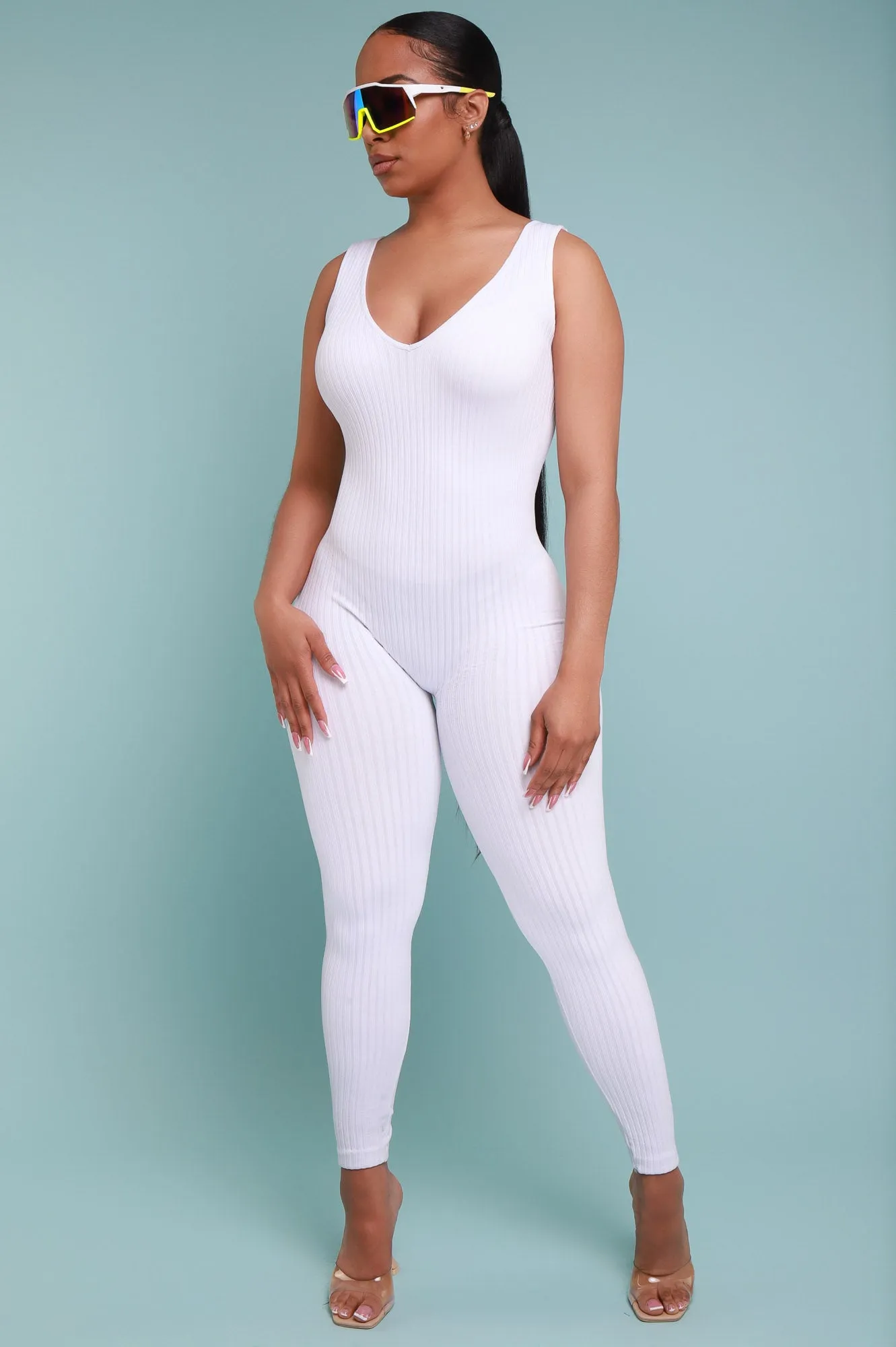 Iconic Sleeveless V-Neck Seamless Ribbed Jumpsuit - White sold by Swankaposh product image thumbnail 4