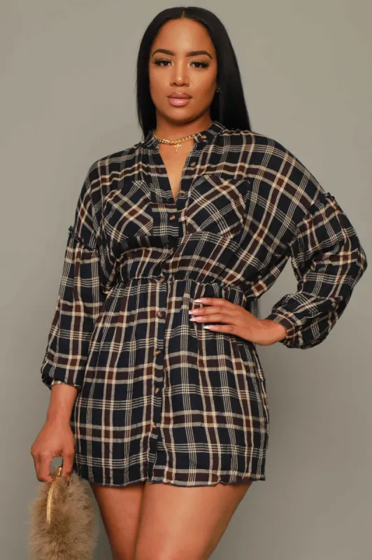 Long Time Plaid Button Up Mini Dress - Navy sold by Swankaposh