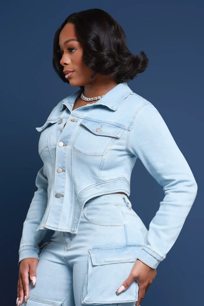 Good Feeling Asymmetrical Cut Denim Jacket - Light Wash sold by Swankaposh product image thumbnail 4