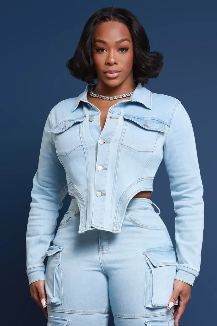 Good Feeling Asymmetrical Cut Denim Jacket - Light Wash sold by Swankaposh