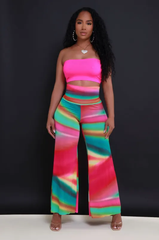 Daybreak High Waist BBL Print Palazzo Pants - Pink Rainbow sold by Swankaposh