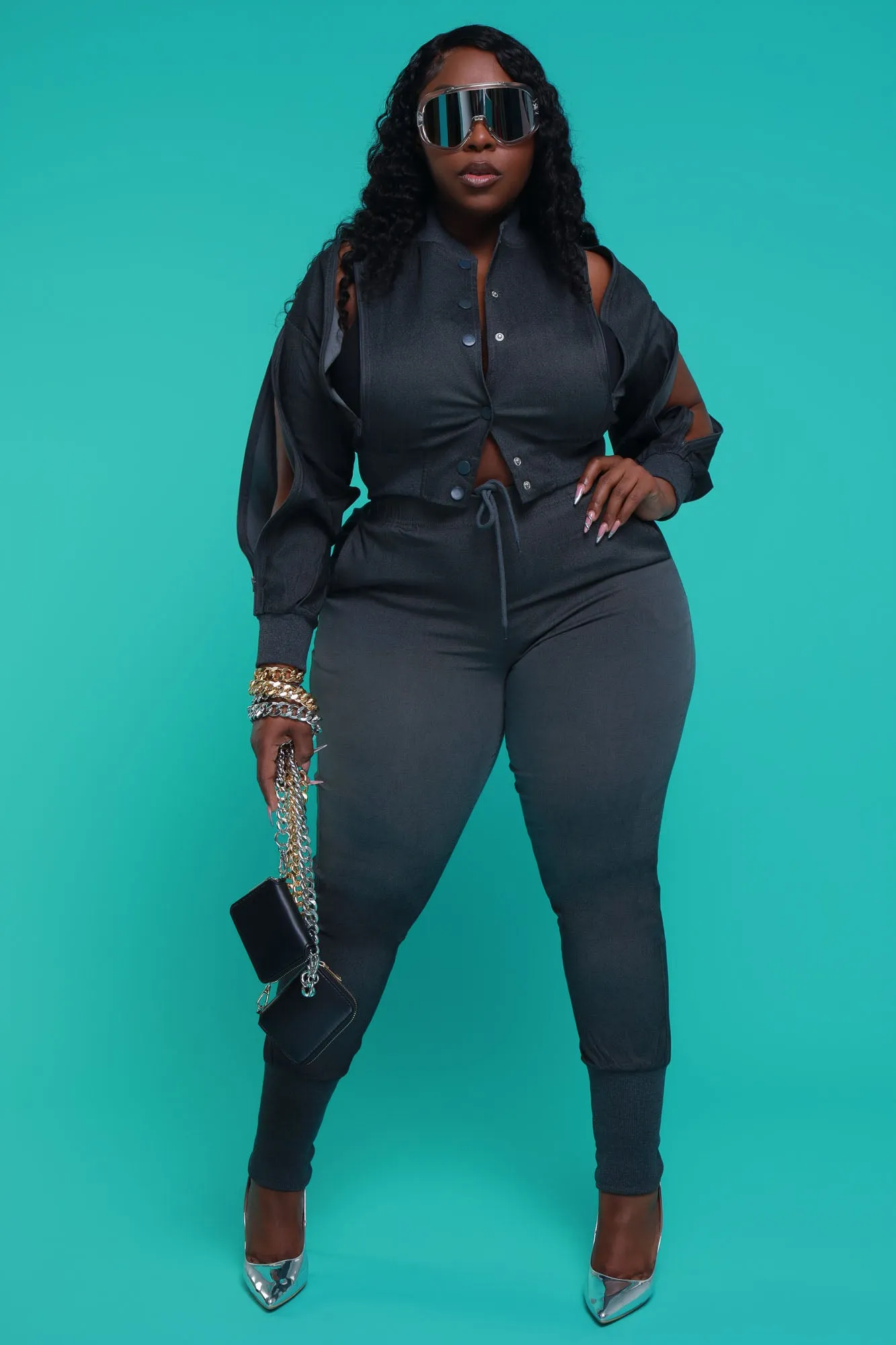 Top Priority Zippered Cropped Jogger Set - Black Denim sold by Swankaposh product image thumbnail 3