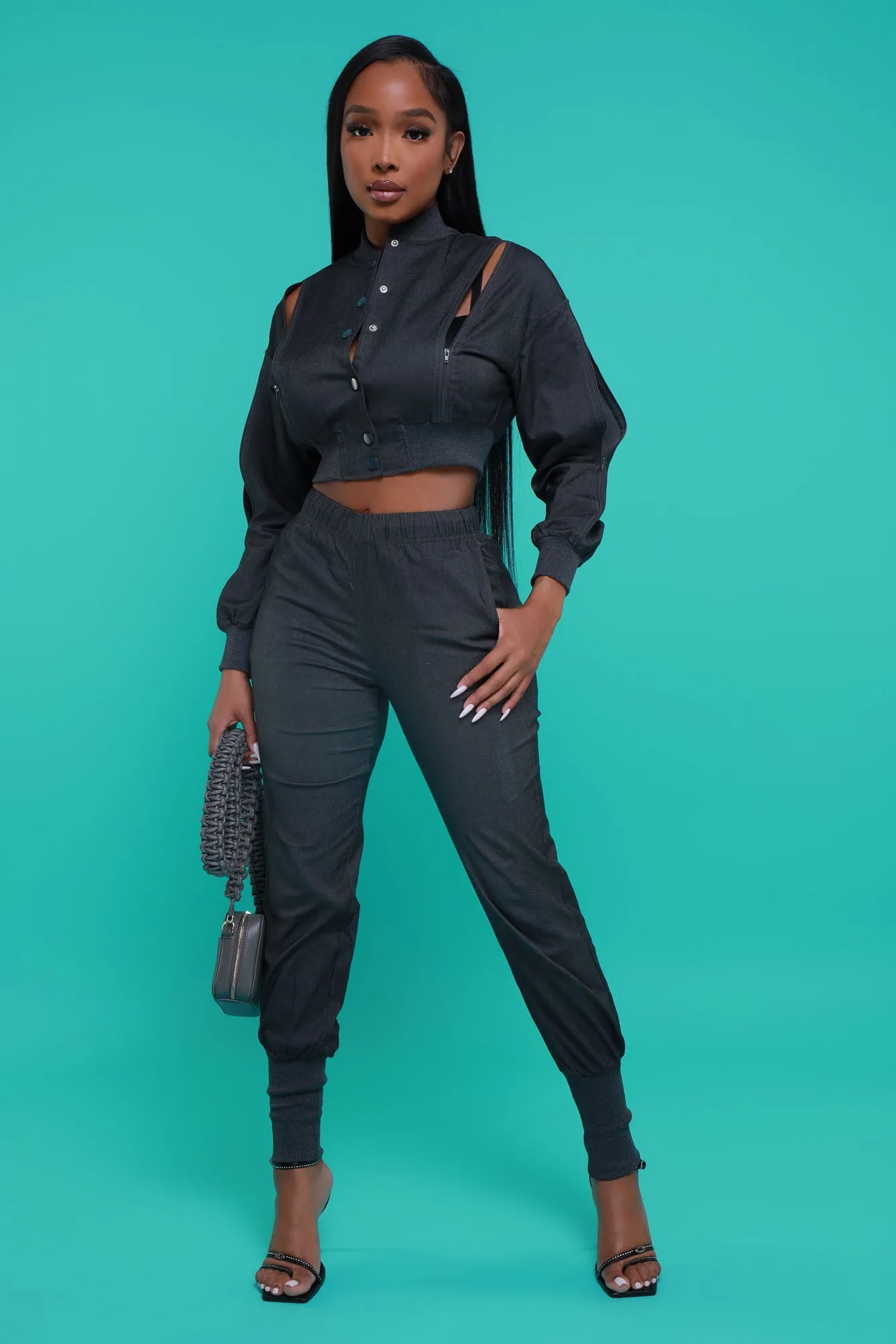 Top Priority Zippered Cropped Jogger Set - Black Denim sold by Swankaposh product image thumbnail 2