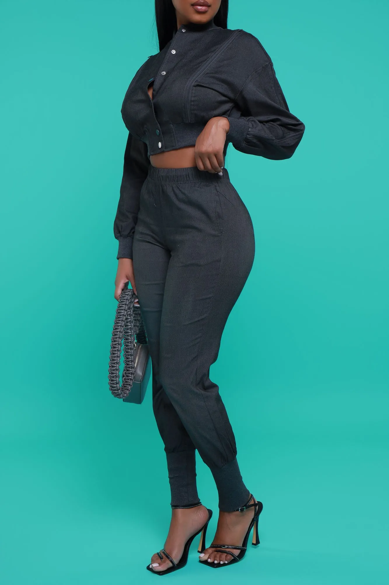 Top Priority Zippered Cropped Jogger Set - Black Denim sold by Swankaposh product image thumbnail 5