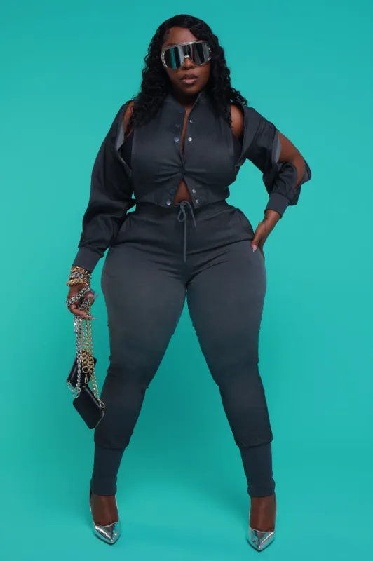 Top Priority Zippered Cropped Jogger Set - Black Denim sold by Swankaposh