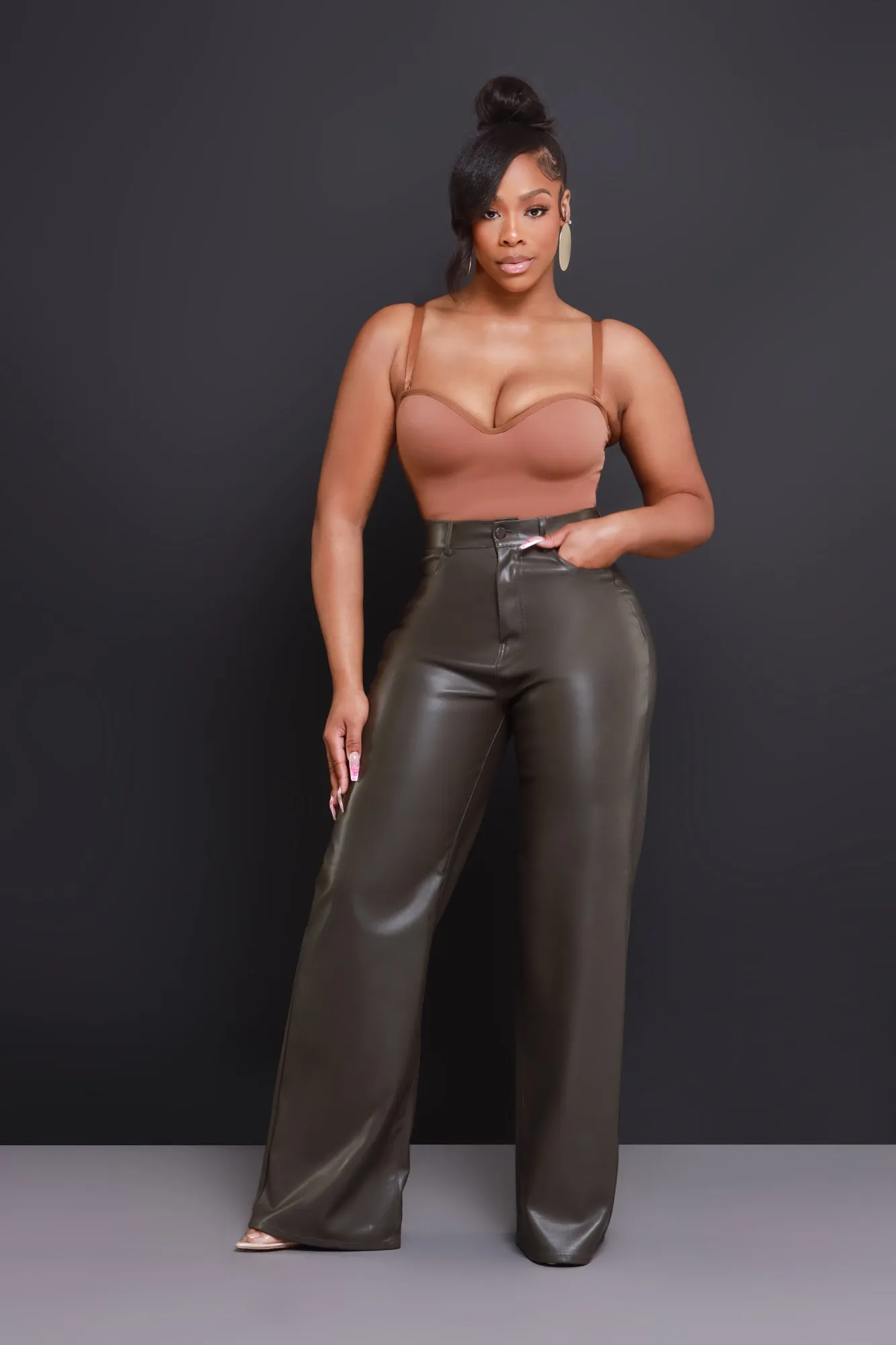 Offline Faux Leather Bootcut Pants - Olive sold by Swankaposh